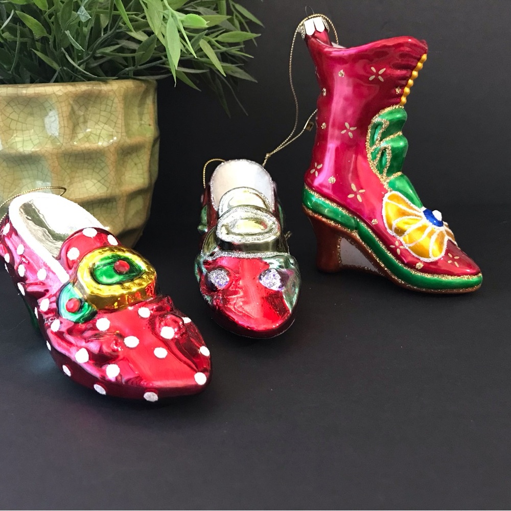 Elegant Holiday Shoe Ornament Trio Hand Blown Glass